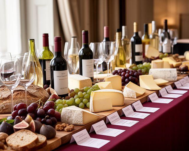 Estación de quesos artesanales y vinos seleccionados con presentación elegante para evento corporativo